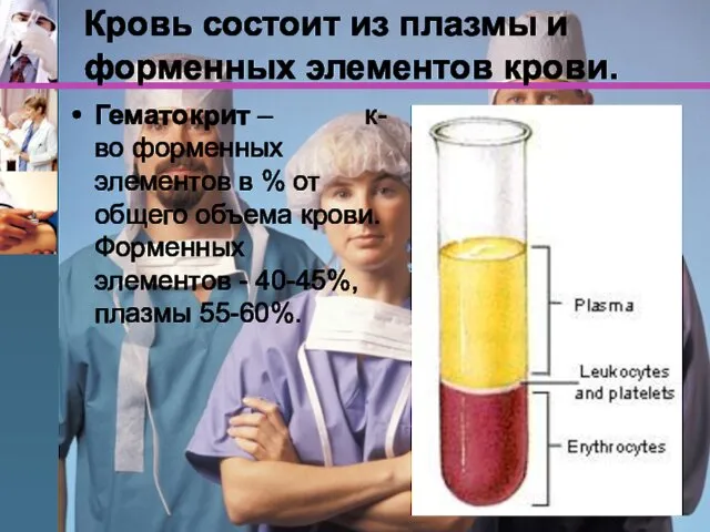 Кровь состоит из плазмы и форменных элементов крови. Гематокрит – к-во форменных элементов