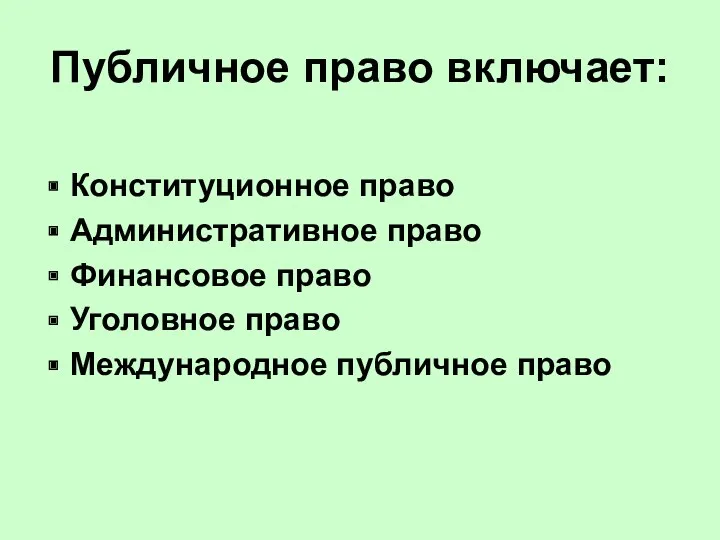 Публичное право включает: Конституционное право Административное право Финансовое право Уголовное право Международное публичное право