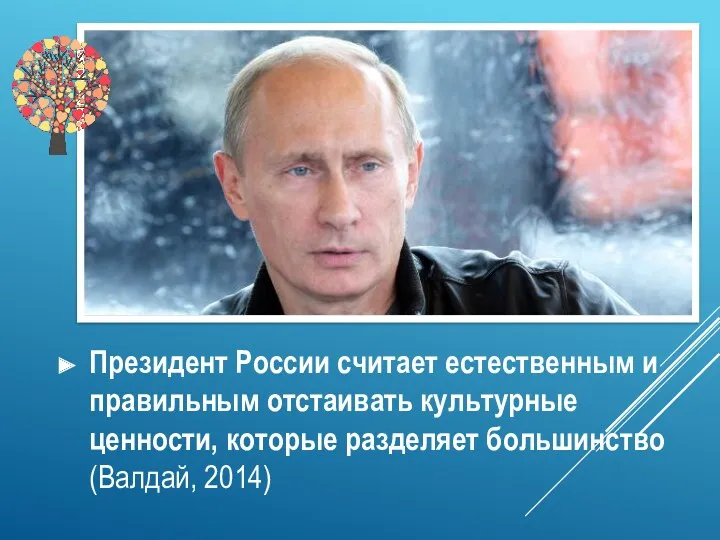 Президент России считает естественным и правильным отстаивать культурные ценности, которые разделяет большинство (Валдай, 2014)