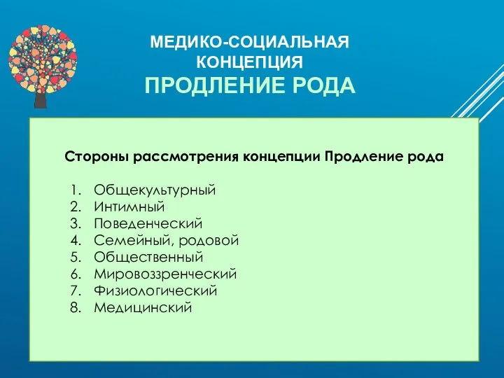 Стороны рассмотрения концепции Продление рода Общекультурный Интимный Поведенческий Семейный, родовой