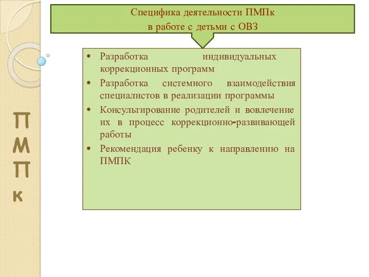 П М П к Разработка индивидуальных коррекционных программ Разработка системного