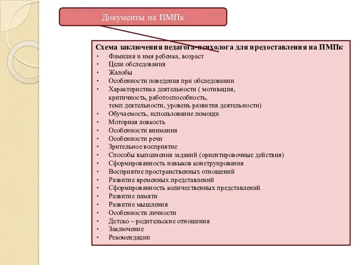 Схема заключения педагога-психолога для предоставления на ПМПк Фамилия и имя