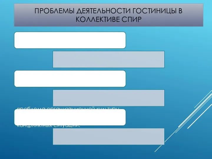 ПРОБЛЕМЫ ДЕЯТЕЛЬНОСТИ ГОСТИНИЦЫ В КОЛЛЕКТИВЕ СПИР недостаточный опыт работы администраторов