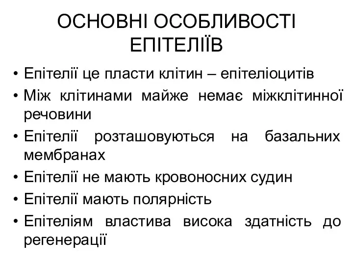 ОСНОВНІ ОСОБЛИВОСТІ ЕПІТЕЛІЇВ Епітелії це пласти клітин – епітеліоцитів Між