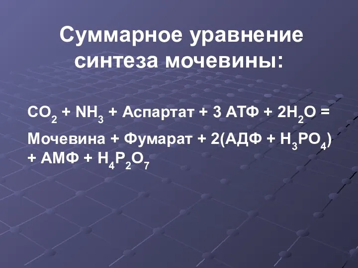 Суммарное уравнение синтеза мочевины: CO2 + NH3 + Аспартат +