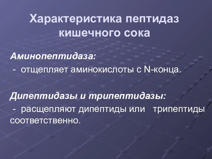 Характеристика пептидаз кишечного сока Аминопептидаза: - отщепляет аминокислоты с N-конца.