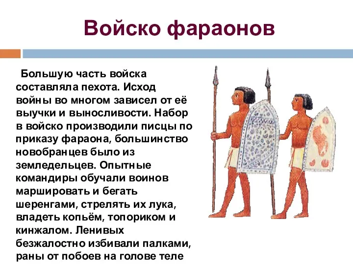 Войско фараонов Большую часть войска составляла пехота. Исход войны во многом зависел от