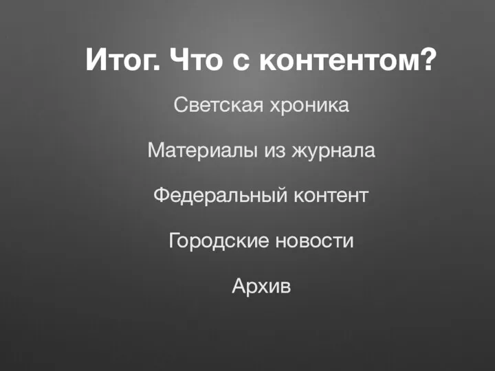 Итог. Что с контентом? Светская хроника Материалы из журнала Федеральный контент Городские новости Архив