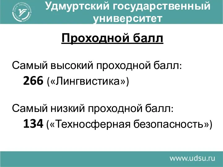 Удмуртский государственный университет Проходной балл Самый высокий проходной балл: 266 («Лингвистика») Самый низкий