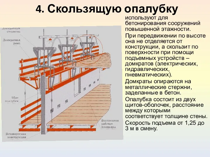 4. Скользящую опалубку используют для бетонирования сооружений повышенной этажности. При передвижении по высоте