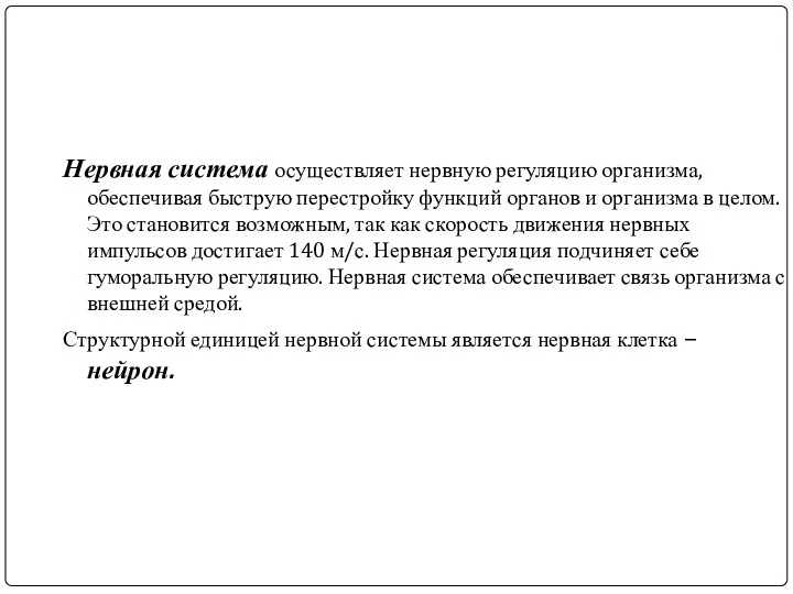 Нервная система осуществляет нервную регуляцию организма, обеспечивая быструю перестройку функций