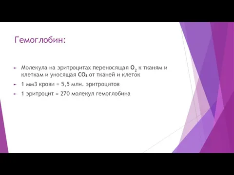 Гемоглобин: Молекула на эритроцитах переносящая O2 к тканям и клеткам и уносящая CO₂