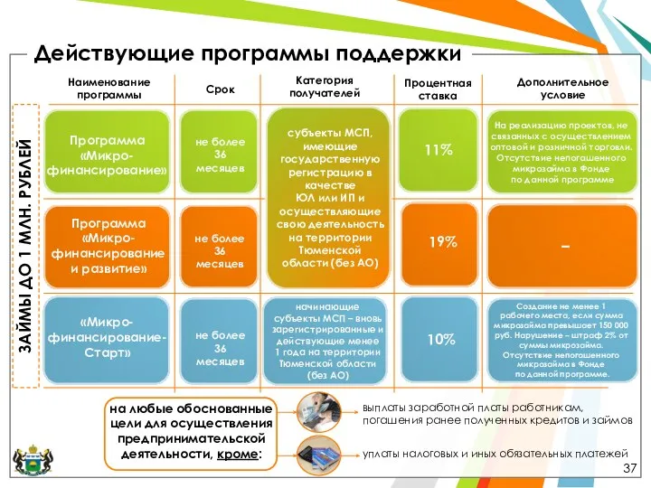 Действующие программы поддержки ЗАЙМЫ ДО 1 МЛН. РУБЛЕЙ