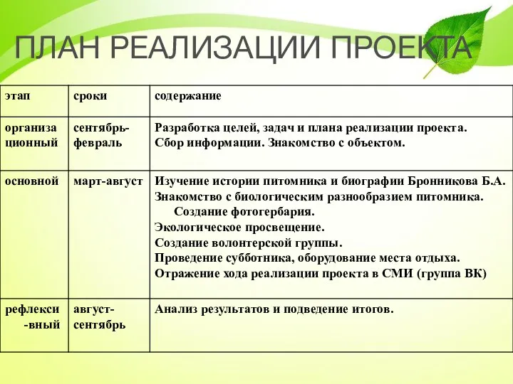 ПЛАН РЕАЛИЗАЦИИ ПРОЕКТА