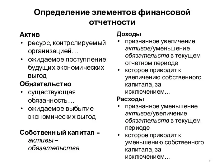 Определение элементов финансовой отчетности Актив ресурс, контролируемый организацией… ожидаемое поступление