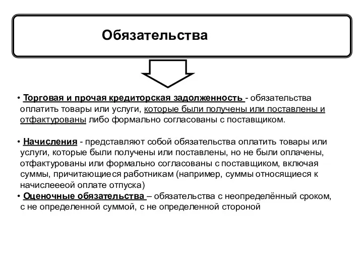 Активы = Обязательства Капитал Принципы Торговая и прочая кредиторская задолженность