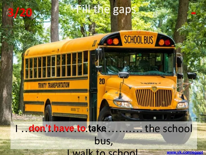 I ………………………..…. the school bus, I walk to school. don’t