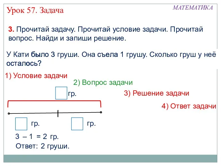 гр. У Кати было 3 груши. Она съела 1 грушу.