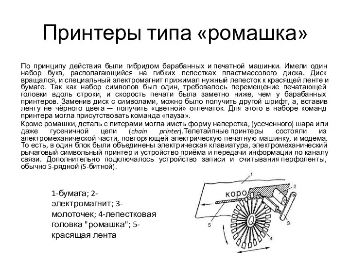 Принтеры типа «ромашка» По принципу действия были гибридом барабанных и