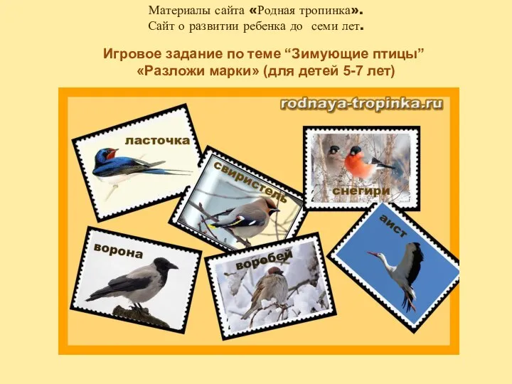 Игровое задание по теме “Зимующие птицы” «Разложи марки» (для детей 5-7 лет)