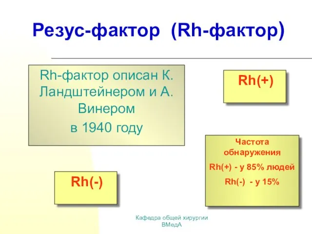 Кафедра общей хирургии ВМедА Резус-фактор (Rh-фактор) Rh-фактор описан К.Ландштейнером и