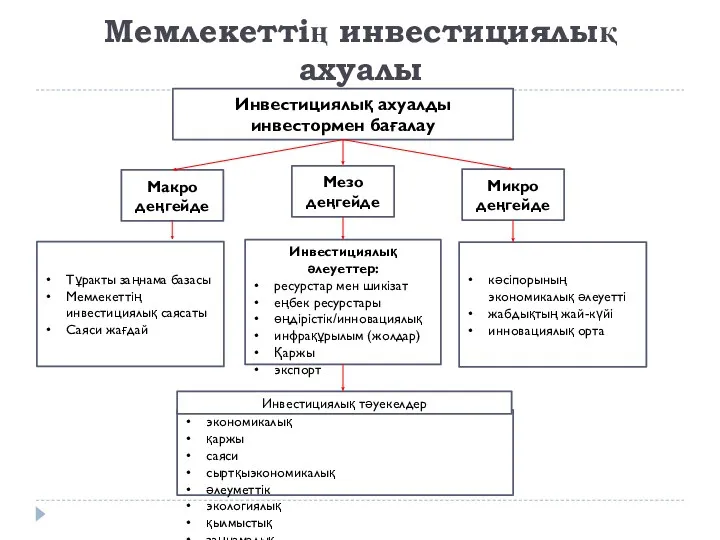 Мемлекеттің инвестициялық ахуалы Инвестициялық ахуалды инвестормен бағалау Мезо деңгейде Макро