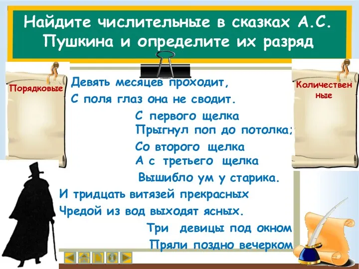 Найдите числительные в сказках А.С.Пушкина и определите их разряд месяцев