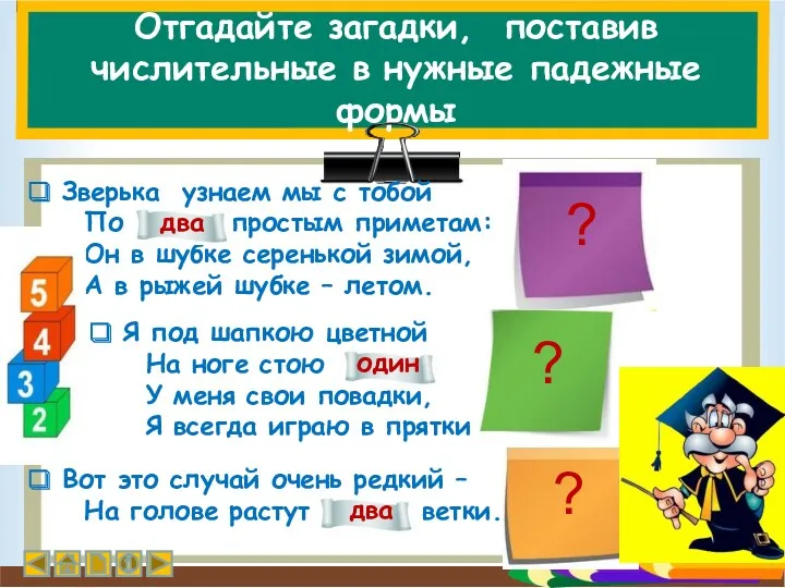 Отгадайте загадки, поставив числительные в нужные падежные формы Зверька узнаем