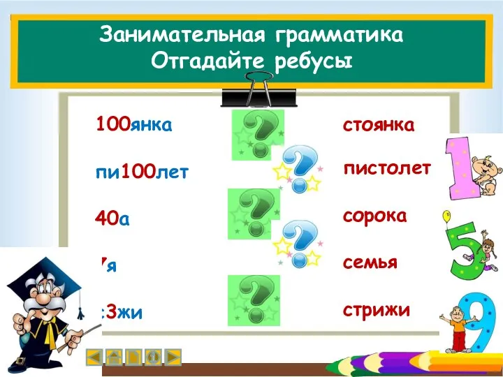 Занимательная грамматика Отгадайте ребусы 100янка пи100лет 40а 7я с3жи стоянка пистолет сорока семья стрижи