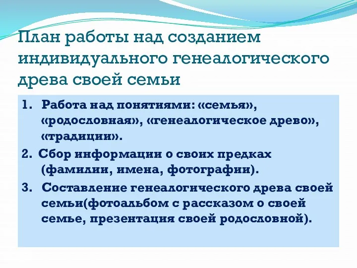 План работы над созданием индивидуального генеалогического древа своей семьи 1.