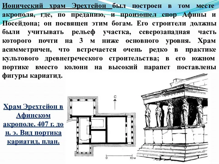 Ионический храм Эрехтейон был построен в том месте акрополя, где, по преданию, и