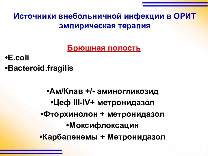 Источники внебольничной инфекции в ОРИТ эмпирическая терапия Брюшная полость E.coli