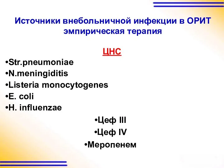 Источники внебольничной инфекции в ОРИТ эмпирическая терапия ЦНС Str.pneumoniae N.meningiditis
