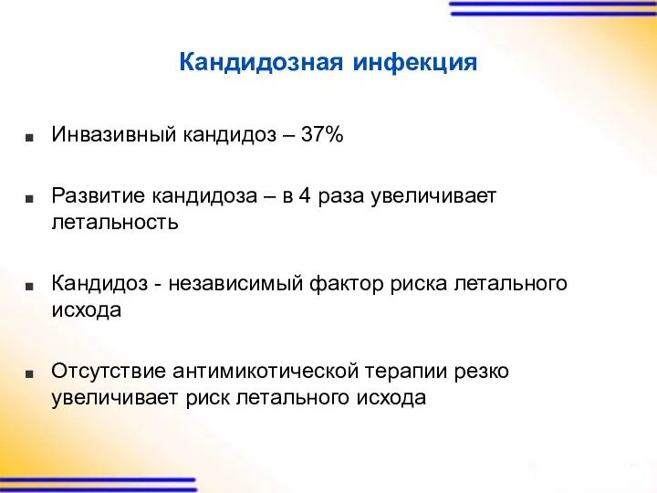 Кандидозная инфекция Инвазивный кандидоз – 37% Развитие кандидоза – в