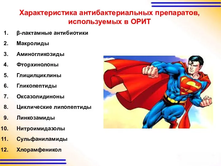 Характеристика антибактериальных препаратов, используемых в ОРИТ β-лактамные антибиотики Макролиды Аминогликозиды