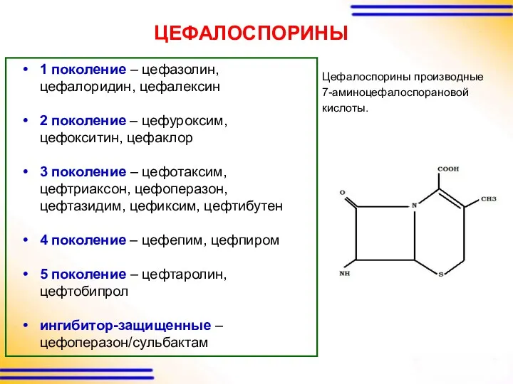 ЦЕФАЛОСПОРИНЫ Цефалоспорины производные 7-аминоцефалоспорановой кислоты. 1 поколение – цефазолин, цефалоридин,