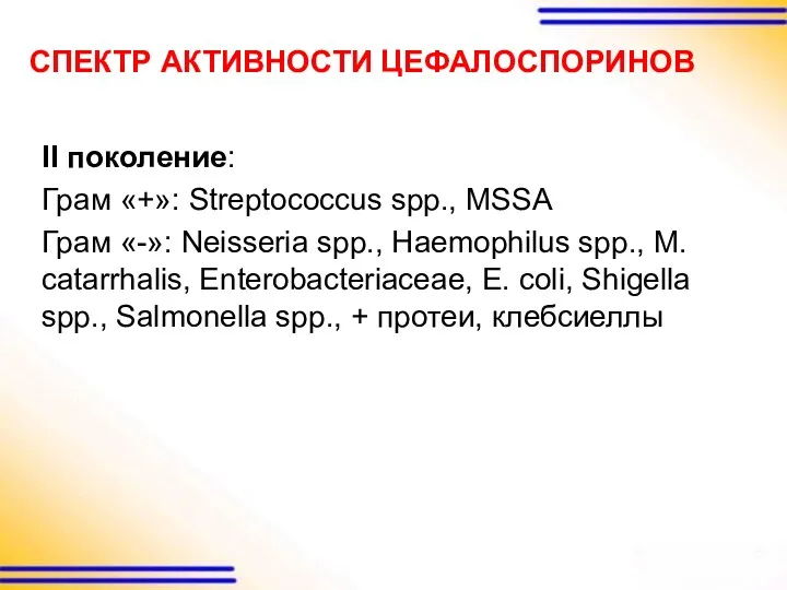 СПЕКТР АКТИВНОСТИ ЦЕФАЛОСПОРИНОВ II поколение: Грам «+»: Streptococcus spp., MSSA