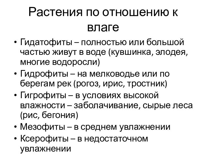 Растения по отношению к влаге Гидатофиты – полностью или большой