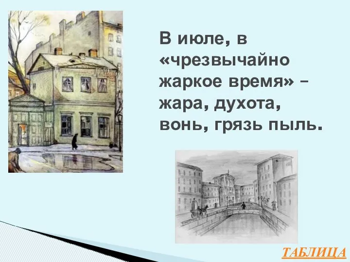 ТАБЛИЦА В июле, в «чрезвычайно жаркое время» – жара, духота, вонь, грязь пыль.