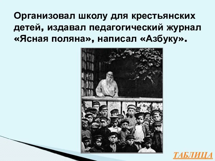 ТАБЛИЦА Организовал школу для крестьянских детей, издавал педагогический журнал «Ясная поляна», написал «Азбуку».