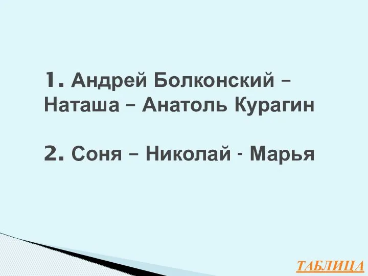 ТАБЛИЦА 1. Андрей Болконский – Наташа – Анатоль Курагин 2. Соня – Николай - Марья