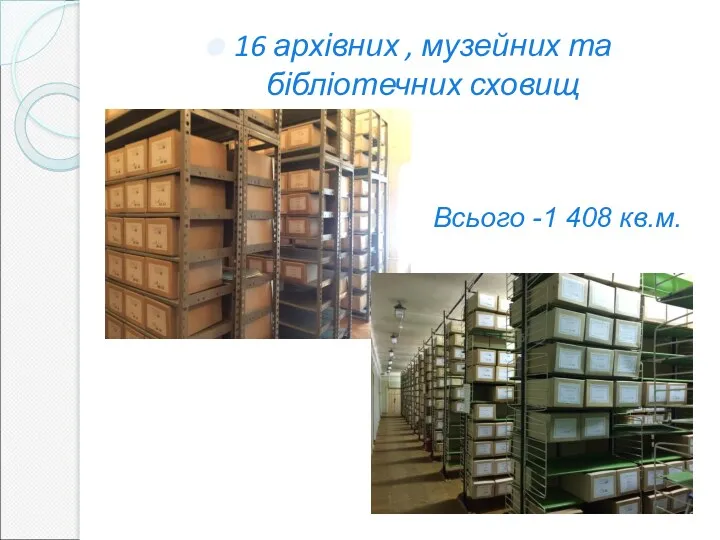 16 архівних , музейних та бібліотечних сховищ Всього -1 408 кв.м.