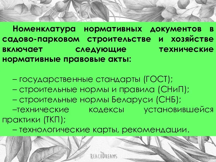 Номенклатура нормативных документов в садово-парковом строительстве и хозяйстве включает следующие