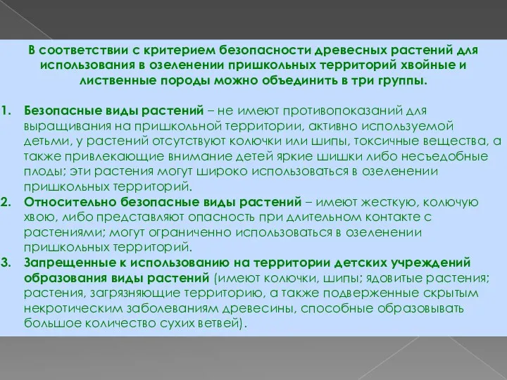 В соответствии с критерием безопасности древесных растений для использования в