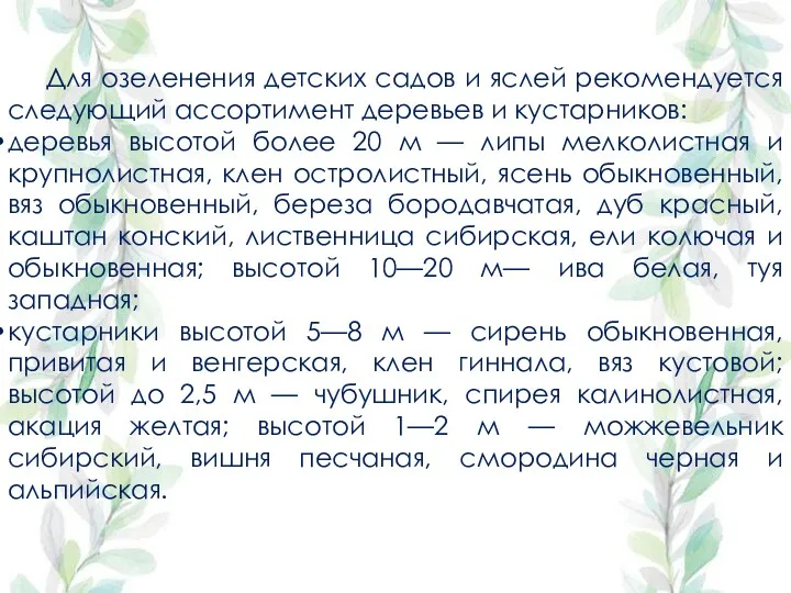 Для озеленения детских садов и яслей рекомендуется следующий ассортимент деревьев