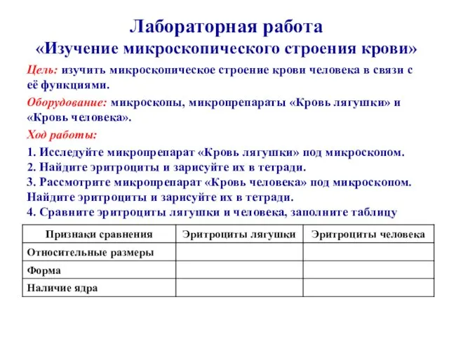 Лабораторная работа «Изучение микроскопического строения крови» Цель: изучить микроскопическое строение