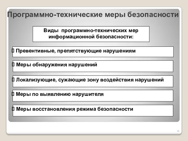 Виды программно-технических мер информационной безопасности: Превентивные, препятствующие нарушениям Меры обнаружения нарушений Локализующие, сужающие