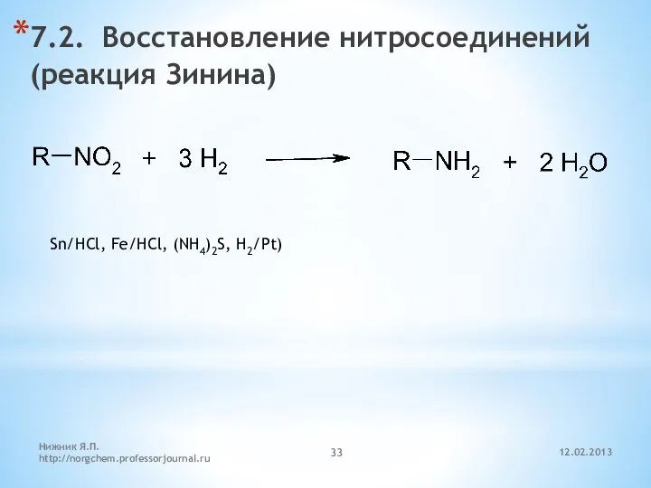 12.02.2013 Нижник Я.П. http://norgchem.professorjournal.ru 7.2. Восстановление нитросоединений (реакция Зинина) Sn/HCl, Fe/HCl, (NH4)2S, H2/Pt)