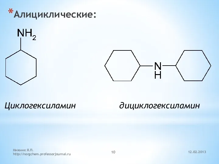 12.02.2013 Нижник Я.П. http://norgchem.professorjournal.ru Алициклические: Циклогексиламин дициклогексиламин