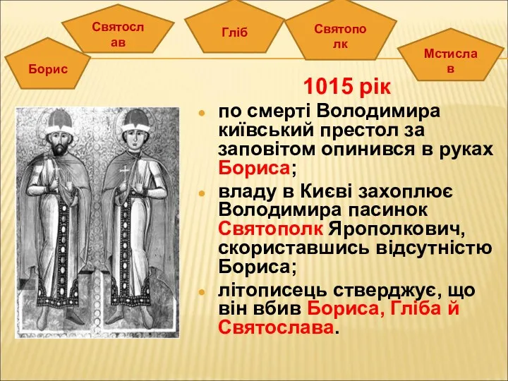 1015 рік по смерті Володимира київський престол за заповітом опинився в руках Бориса;